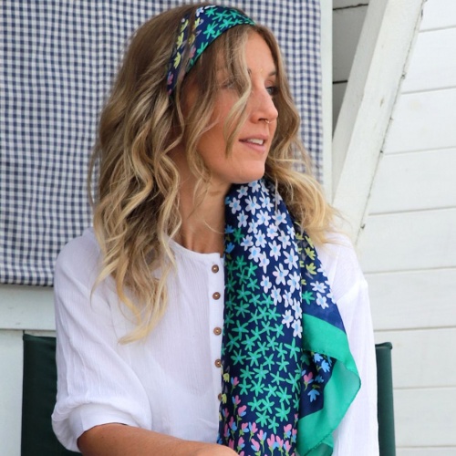 Navy & Green Mix Silky Cascading Flower Scarf by Peace of Mind